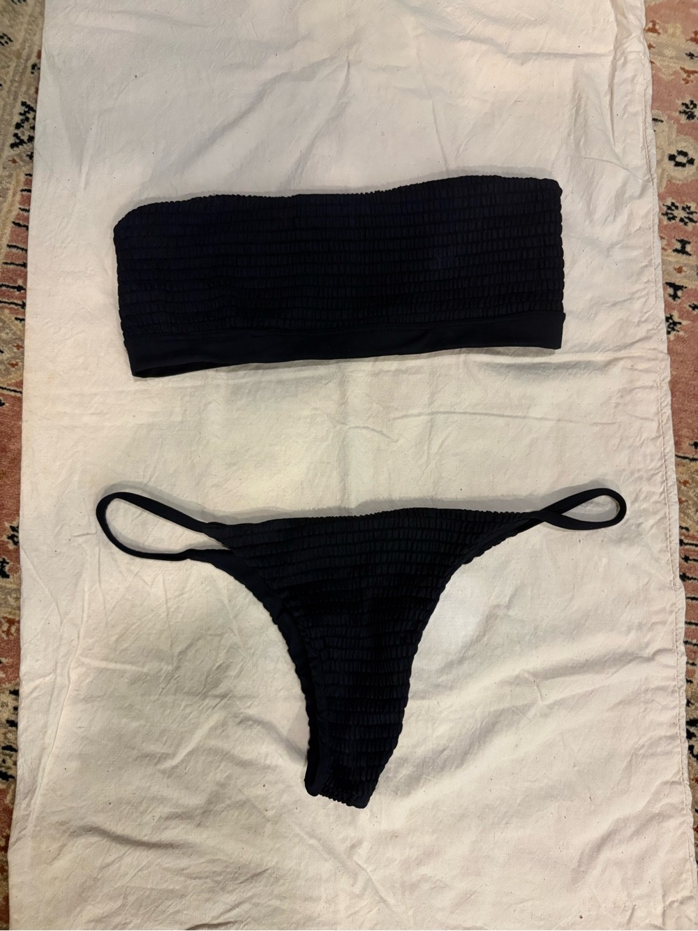 San Lorenzo Black Smocked Bandeau bikini top and bottom medium